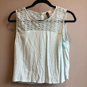 Light-blue floral sheer-back tank-top